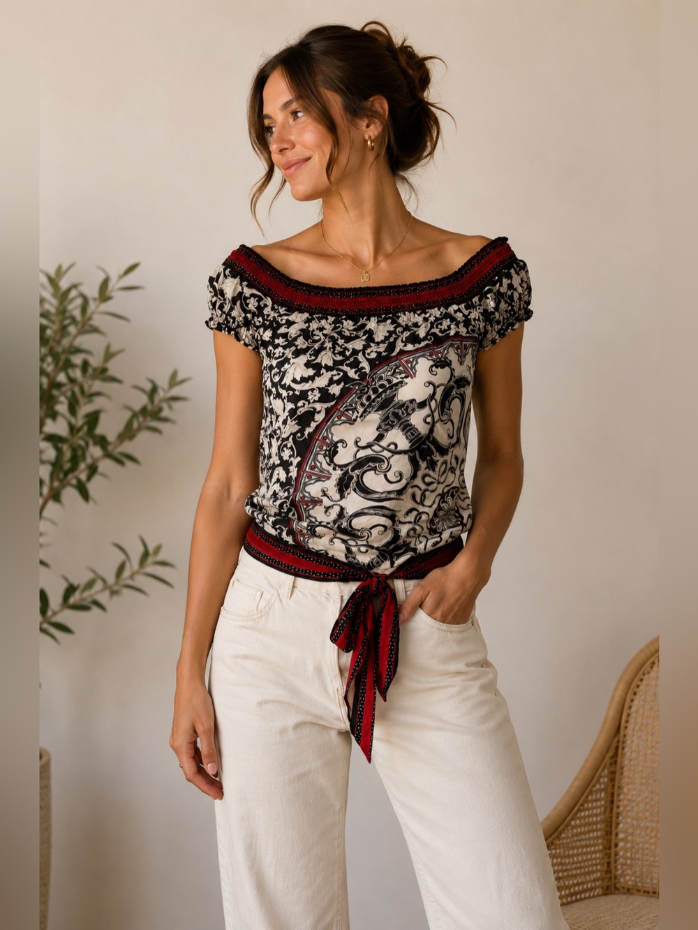 White House Black Market Off Shoulder Scarf Print Tie-Hem Blouse Size Small